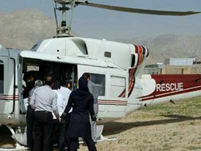 پرواز بالگرد اورژانس ۱۱۵ بوشهر برای انتقال مصدوم سانحه رانندگی از خارگ